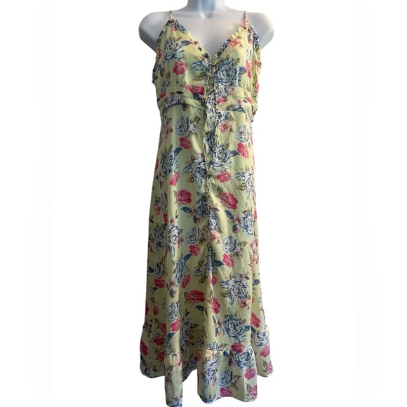“Vintage Forever 21 Y2K Floral Midi Dress | Green Button Down Ruffle Slip Lined - Picture 3 of 8